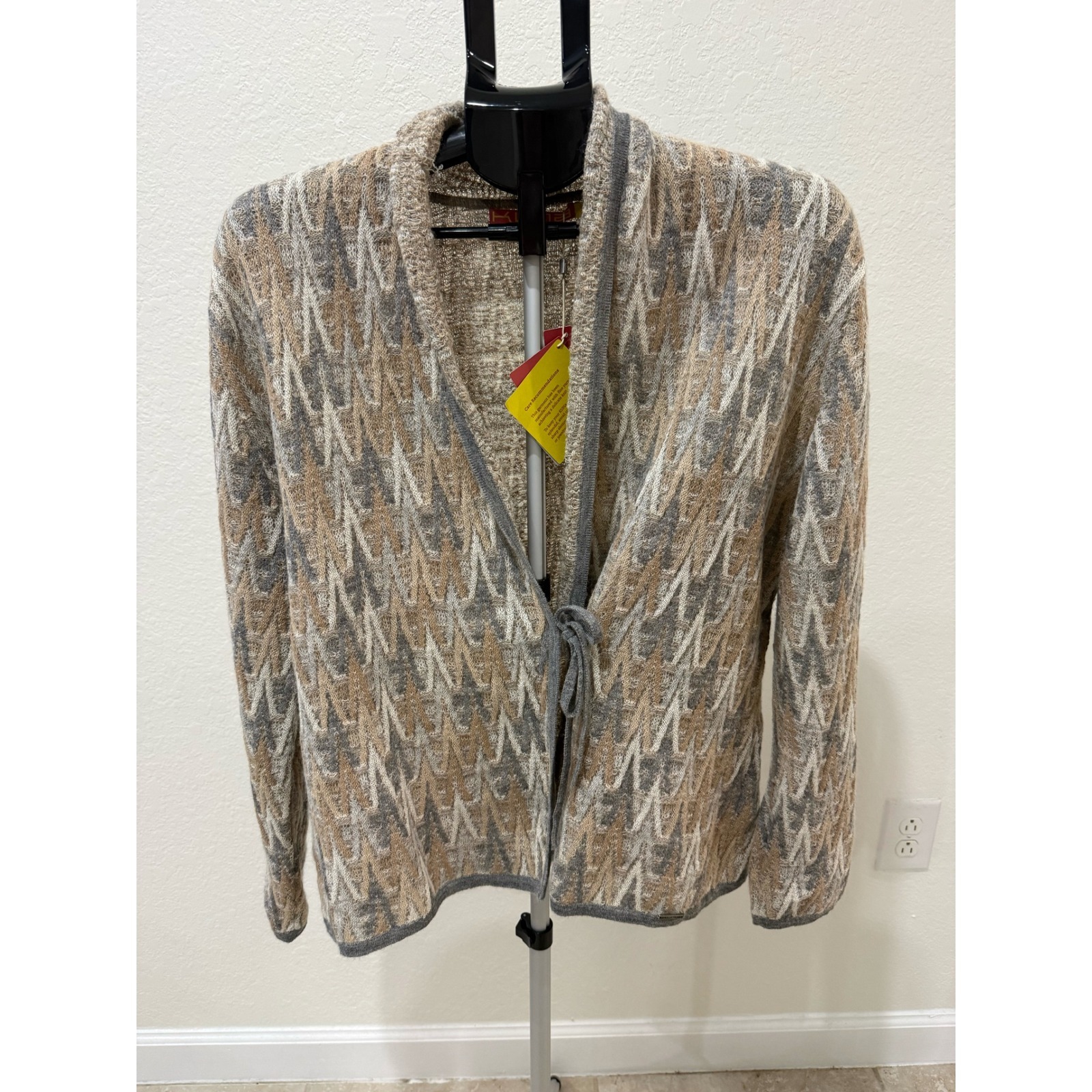 Kuna 100% Baby Alpaca Cardigan Sweater Beige Grey Chevron Knit Nwt Size L